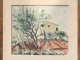 an image of a painting of a house and trees in a field