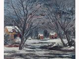 une peinture à l'huile représentant un paysage enneigé avec une maison et des arbres au premier plan