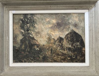 une peinture à l'huile représentant une scène de vie à la ferme avec un cheval et une grange