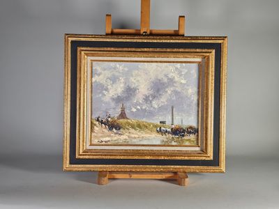 peinture sur chevalet représentant un paysage avec des vaches et une église