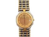 a close up of a gold and silver wrist watch on a white background