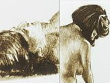 a drawing of a woman laying down on the ground