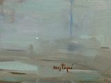 an image of a painting of a boat in the water on a foggy day