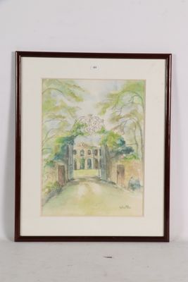 aquarelle encadrée représentant une maison dans les bois