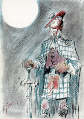 drawing of a man sitting in a chair in front of a full moon
