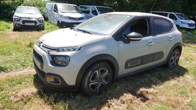 une petite voiture garée dans l'herbe