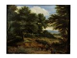 un tableau représentant un paysage boisé avec des personnages et des animaux