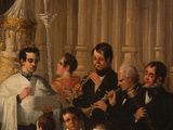 painting of a group of men and women standing in front of a priest
