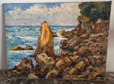 an oil painting of a rocky coast with a boat in the distance
