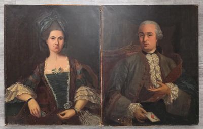 two paintings of a man and a woman in formal clothing