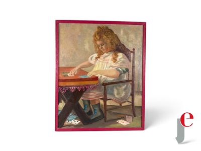 un tableau représentant une petite fille assise à une table en train de jouer aux cartes