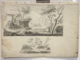 un vieux dessin représentant un paysage avec une maison et une rivière