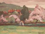 une image représentant une peinture d'un champ avec des arbres et des maisons en arrière-plan