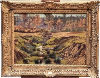 an oil painting of a landscape with a river in the middle of it