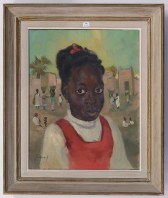 painting of a young girl in a red dress in a village