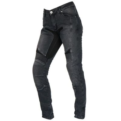 a pair of black jeans with knee pads on a white background