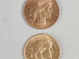 two gold coins are shown on a white surface