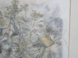 un dessin représentant un groupe de personnes dans une forêt