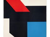 an abstract painting with black, blue, red and white squares