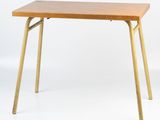 a small wooden table with two legs on a white background