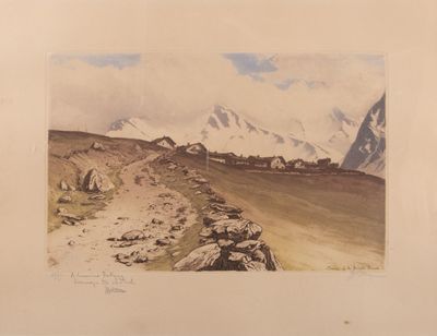 an image of a painting of a dirt road with a mountain in the background