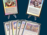 quatre cartes de couleurs et de motifs différents sur un fond bleu