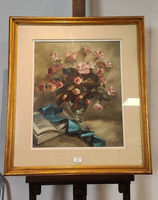 une image d'un tableau de fleurs dans un vase sur une table