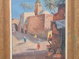 une peinture à l'huile représentant une scène de rue avec une église à l'arrière-plan