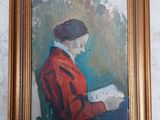 an oil painting of a woman reading a book in a gold frame