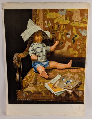 painting of a little boy sitting on a chair with a hat on his head