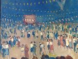an oil painting of a crowd of people watching fireworks in the sky
