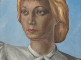 tableau représentant une femme en chemise blanche devant un ciel bleu