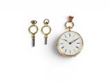 an image of a pocket watch and a key on a white surface