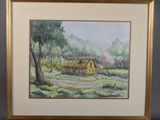 an image of a painting of a house in a field
