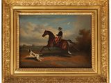 a painting of a man riding a horse with a dog chasing him