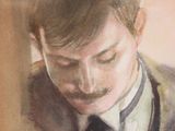 a painting of a man in a suit and tie looking down