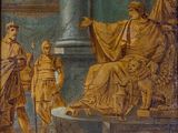 an image of a painting of a man sitting on a throne next to a statue