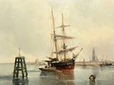 a painting of a ship in the water with other boats in the background