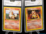 Voici deux cartes Pokémon sur lesquelles figurent l'image d'un homme et d'une femme.