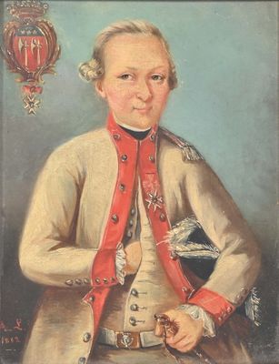 portrait d'un homme en uniforme militaire, portant une écharpe rouge