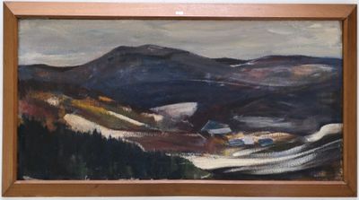 tableau représentant un paysage de montagne avec une maison au premier plan