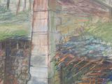 a painting of a train on the tracks in the woods
