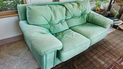 un canapé vert placé dans un salon, près d'une fenêtre