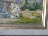 an oil painting of a garden scene with flowers in a gold frame