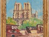 an image of a painting of a cathedral with a horse drawn carriage