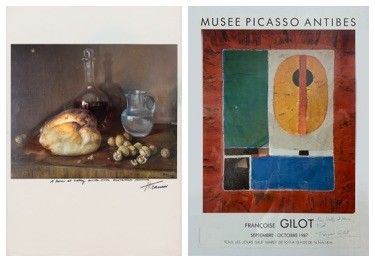 deux tableaux représentant des mets et du vin posés sur une table devant une fenêtre