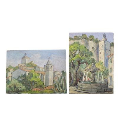 deux aquarelles représentant un château et une fontaine devant un bâtiment