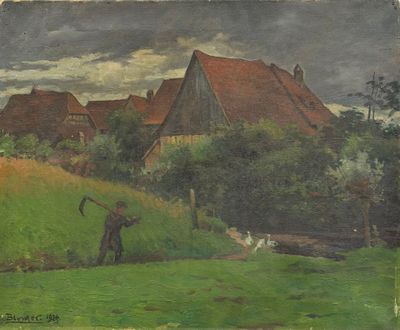 une image d'une peinture représentant un homme et un chien dans un champ