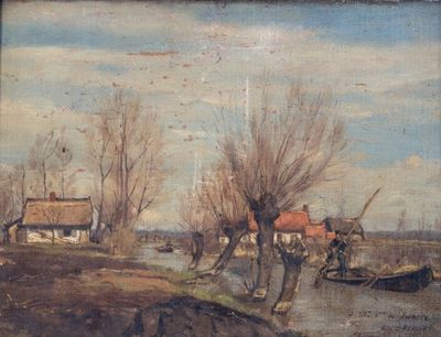 un tableau représentant un homme à cheval tirant un bateau