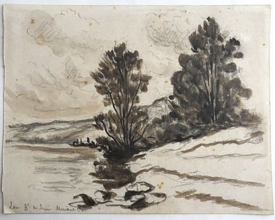 dessin d'un paysage avec des arbres et une rivière au premier plan